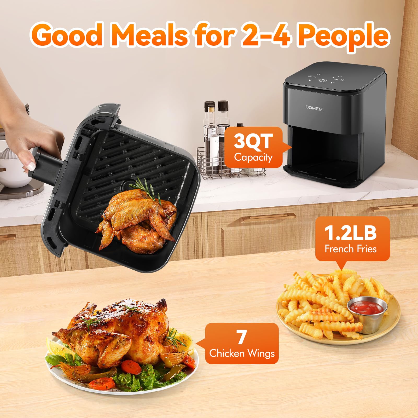 DOMEM 3 Qt air fryer with cooked food showing crisp texture.
