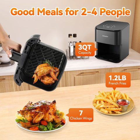 DOMEM 3 Qt air fryer with cooked food showing crisp texture.