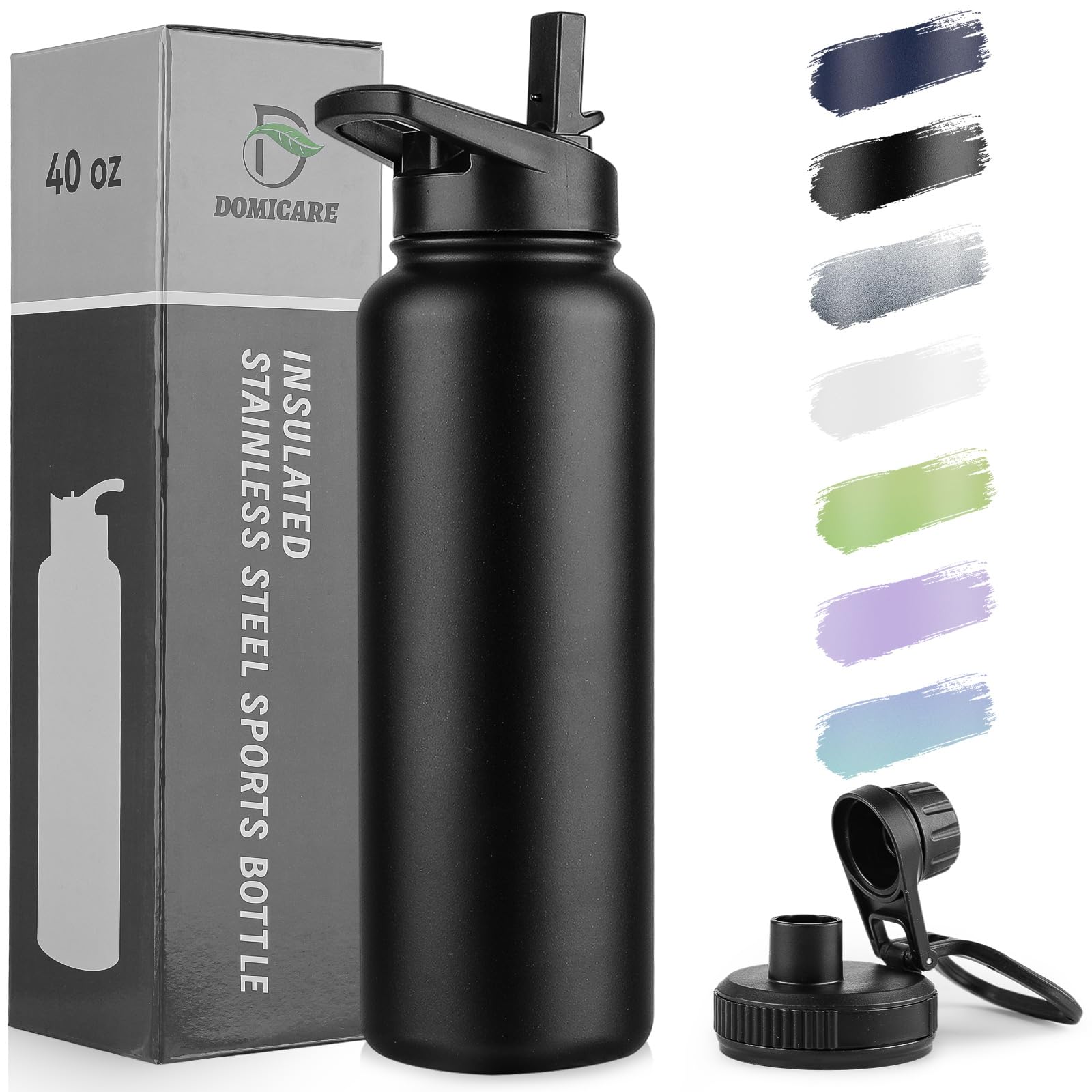 DOMICARE 40oz insulated bottle shown from the front with a sleek black finish for all-day hydration.