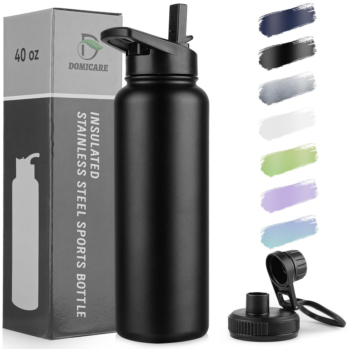 DOMICARE 40oz insulated bottle shown from the front with a sleek black finish for all-day hydration.