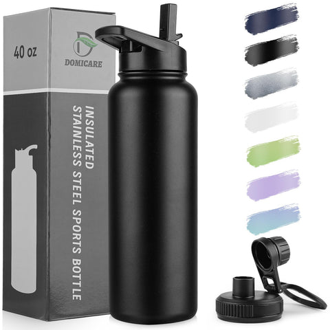 DOMICARE 40oz insulated bottle shown from the front with a sleek black finish for all-day hydration.