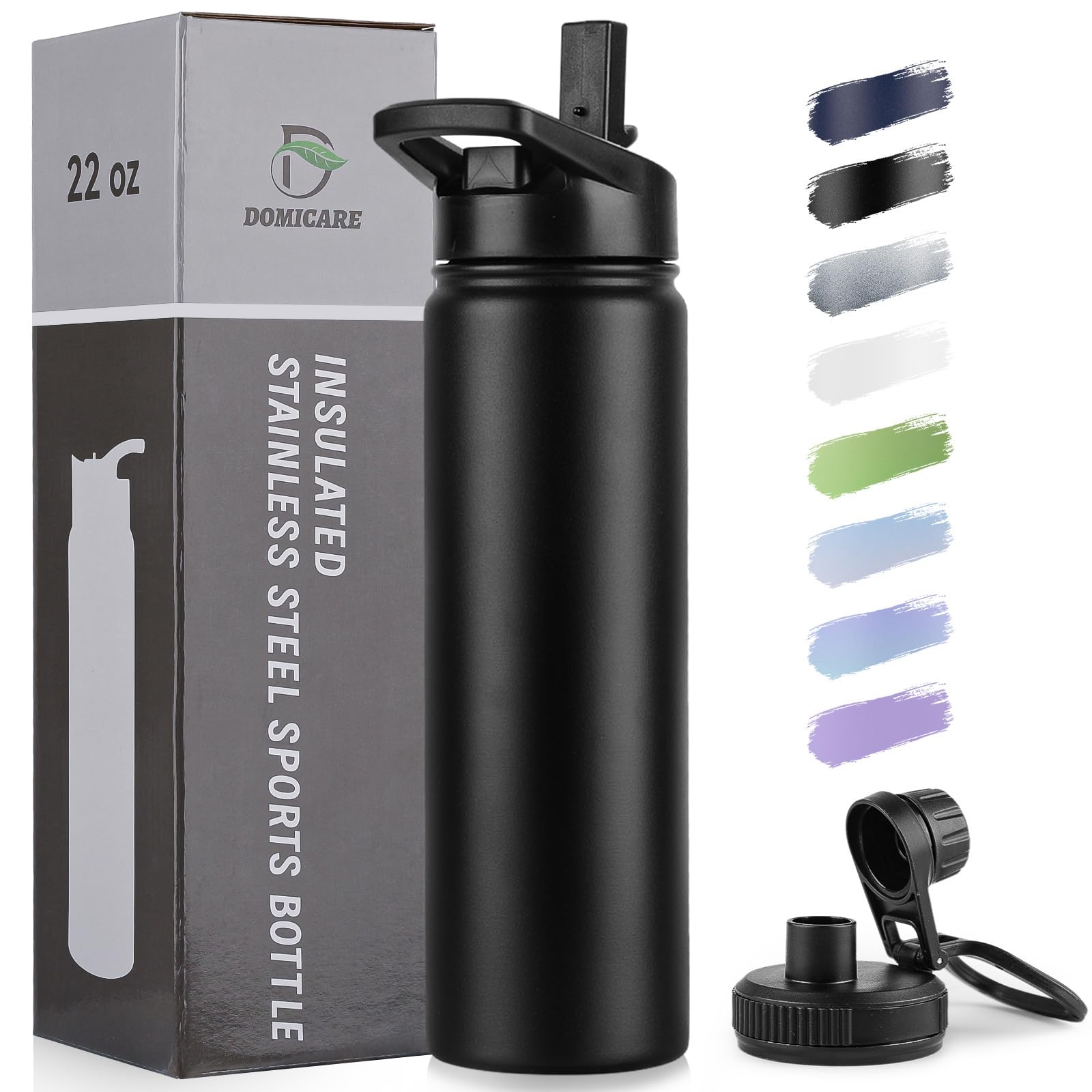 DOMICARE insulated bottle 22oz stainless steel keeps drinks cold on the go.