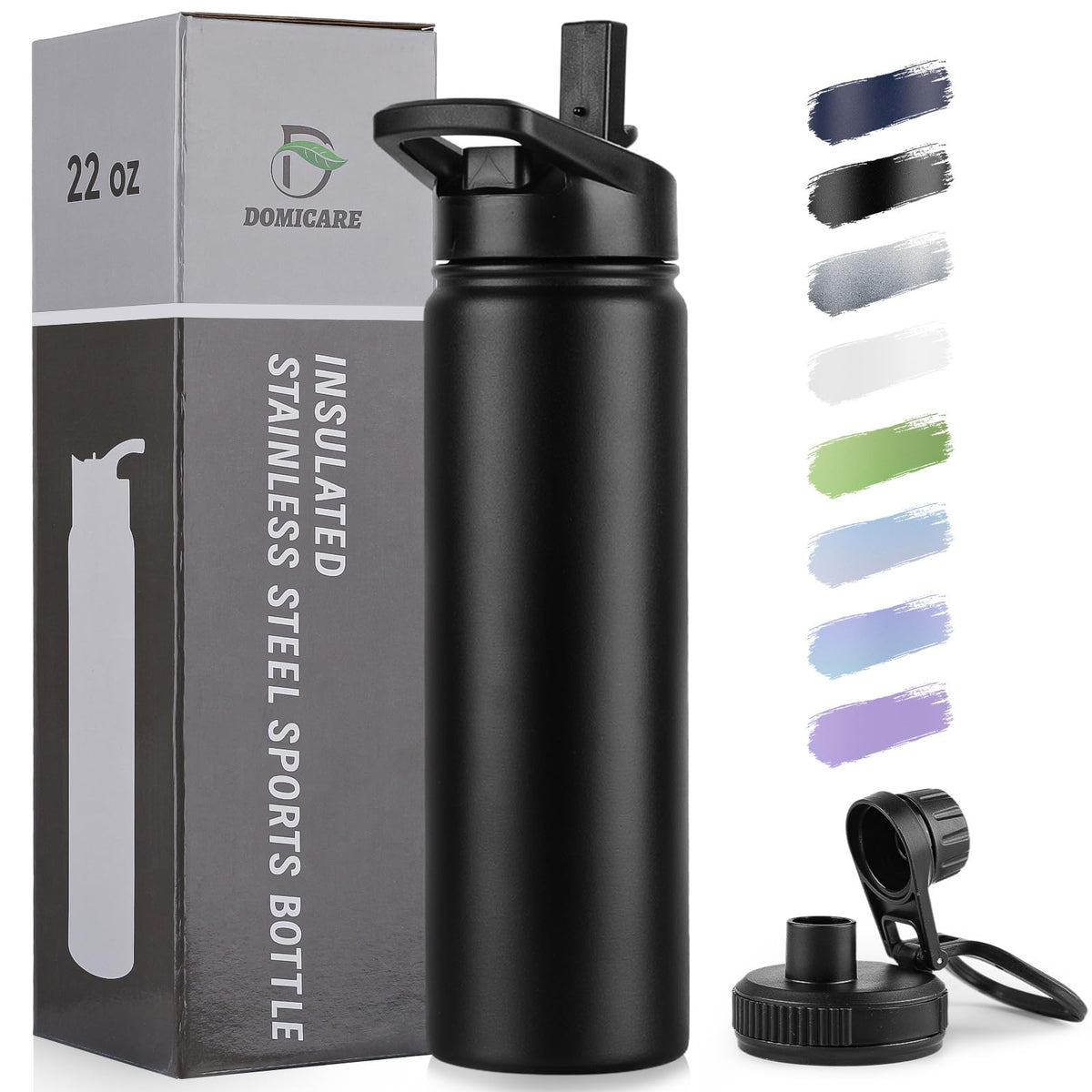 DOMICARE insulated bottle 22oz stainless steel keeps drinks cold on the go.
