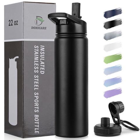 DOMICARE insulated bottle 22oz stainless steel keeps drinks cold on the go.