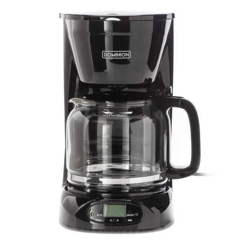 Dominion 15-Cup Deluxe coffee maker anti-drip system prevents mess during brewing.