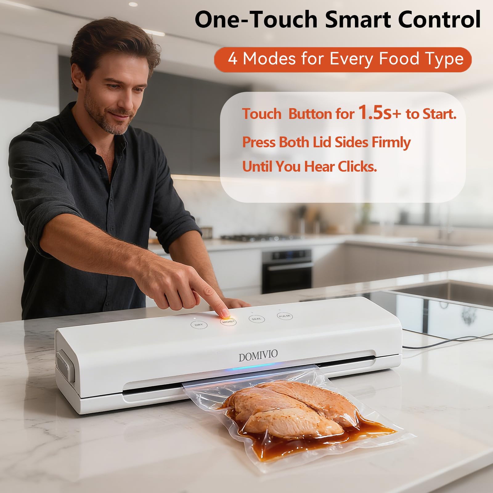 DOMIVIO airtight sealing highlights long-lasting freshness for meats and snacks.