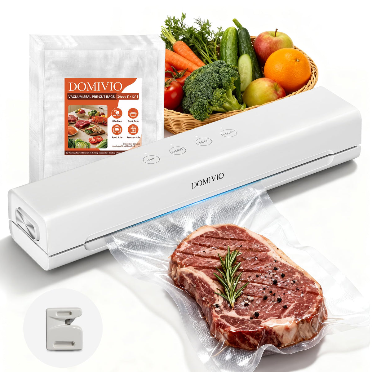 DOMIVIO vacuum sealer in a compact design for easy storage and quick sealing.