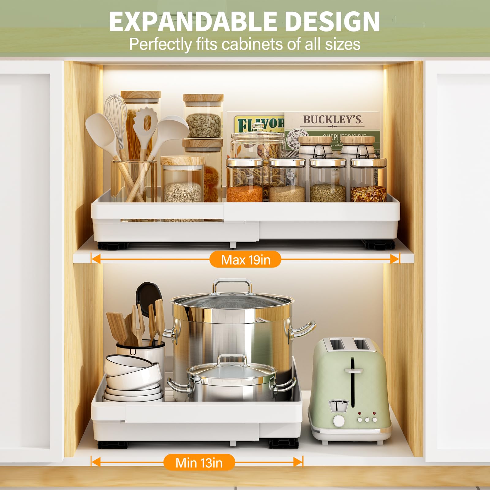 Under-sink DOMNIU pull-out drawer in use for easy access to cleaning products