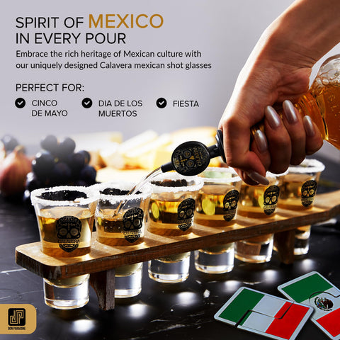 Don Paragone Calavera shot glasses six arranged, festive design for tequila tastings