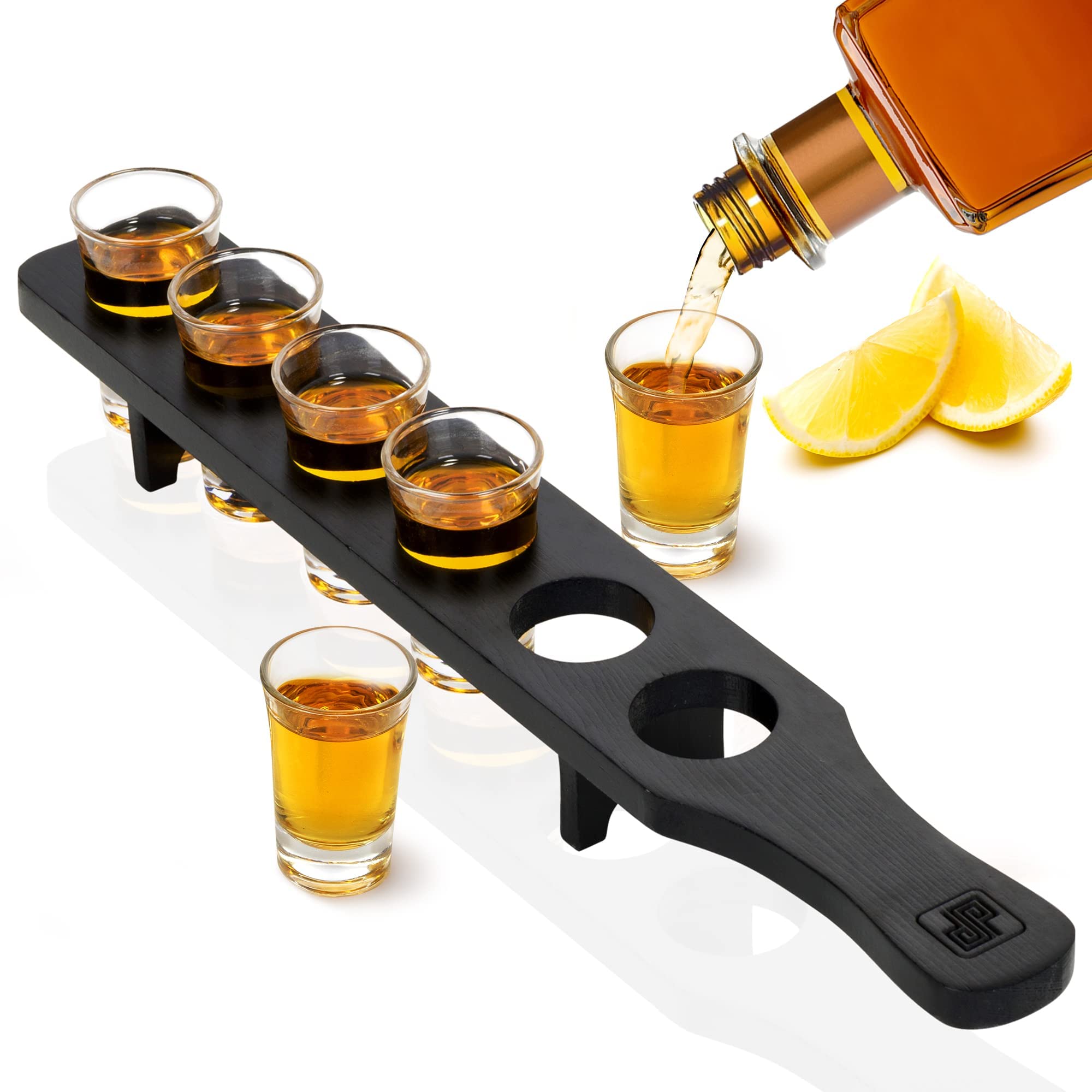 Don Paragone real pine wood shot glass holder tray with six secure holes for organized serving