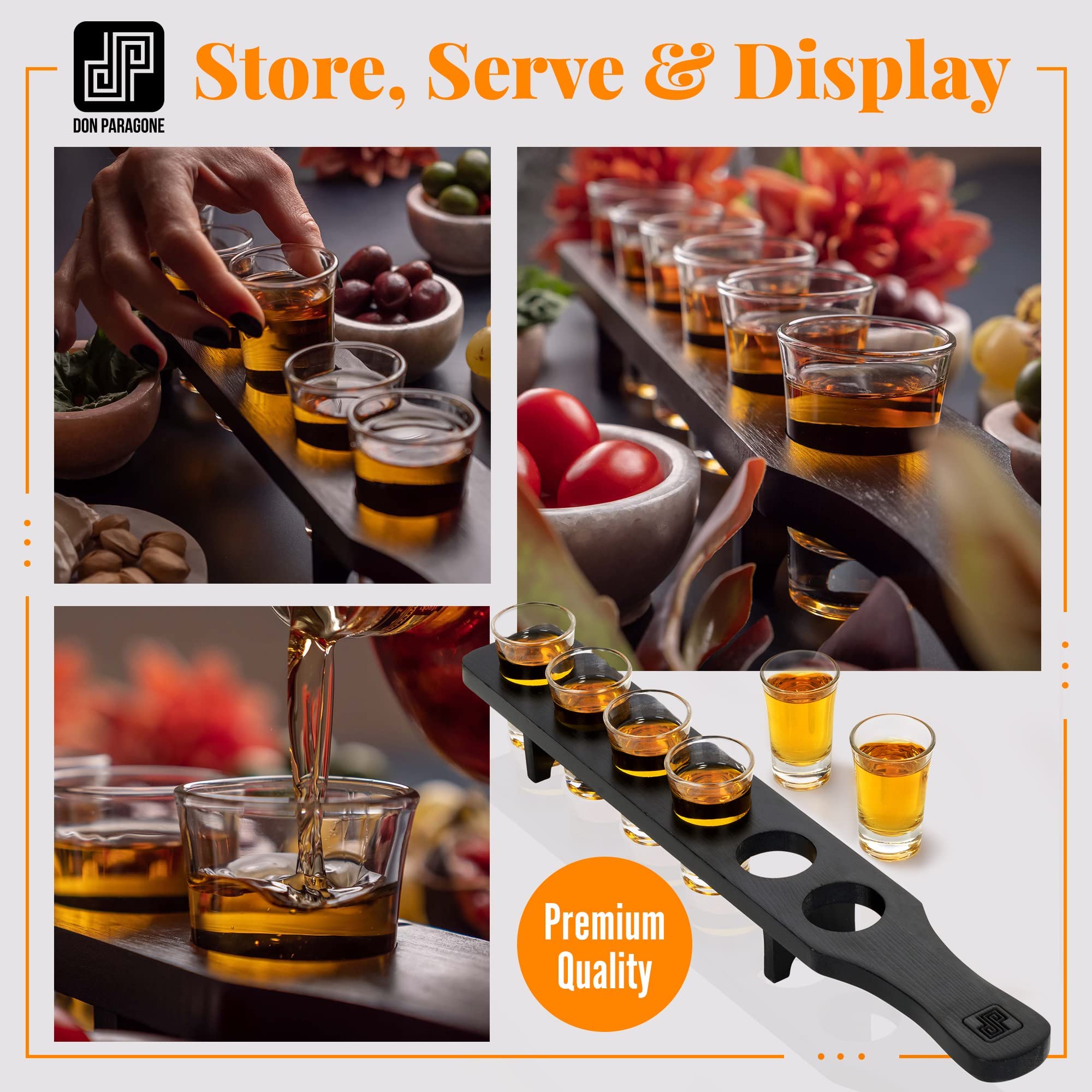Don Paragone tequila serving tray showcasing rustic pine grain for warm gatherings