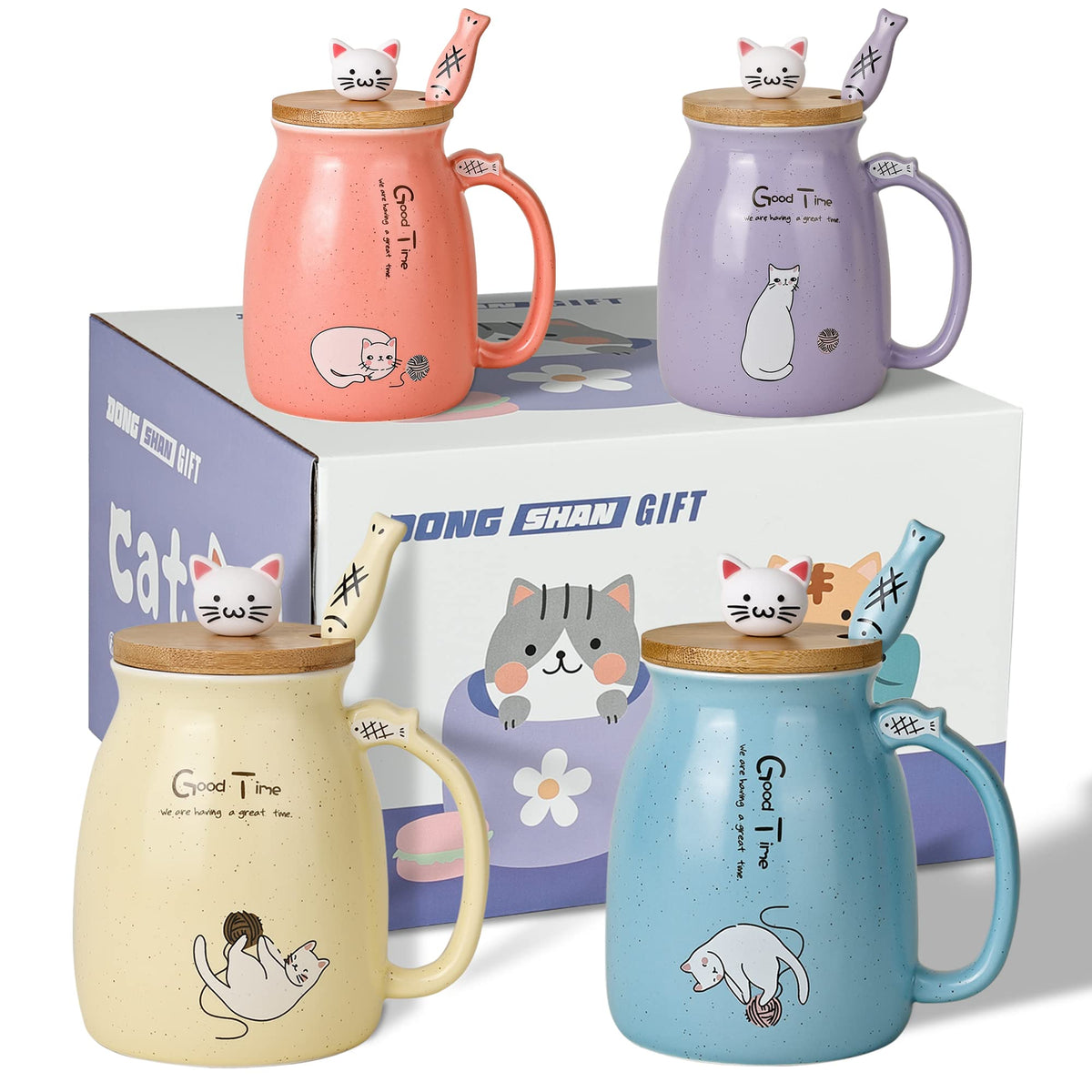 DONGSHANGIFT cute cat mug with blue lid and fish spoon for cozy mornings.