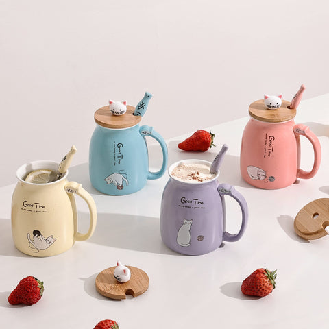 DONGSHANGIFT pink lid cat mug with fish spoon, ideal gift for friends.