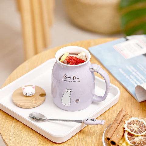 DONGSHANGIFT yellow lid cat mug with fish spoon, bright family tea time.