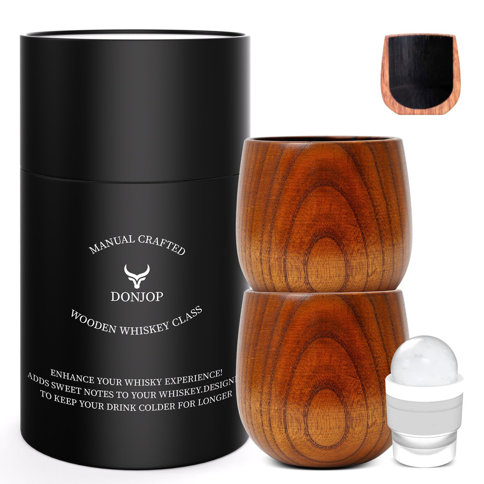 DONJOP charred wooden bourbon glass 10oz highlighting natural grain for richer whiskeys.
