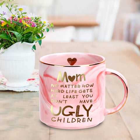 Donse Valentines Mom Mug with gold text close-up adds elegant charm