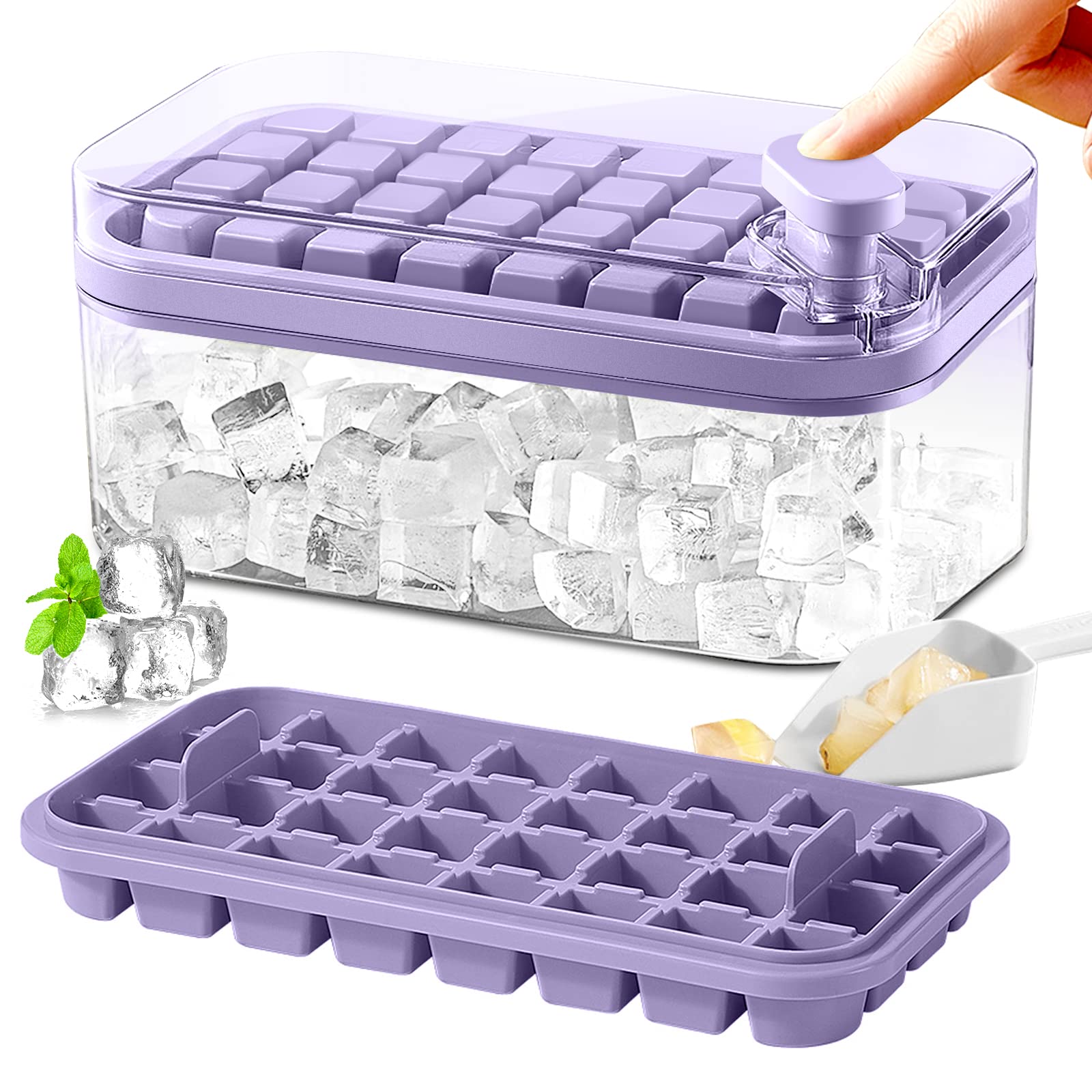 Doonly ice cube tray with lid and bin in purple, easy release and organized freezing.