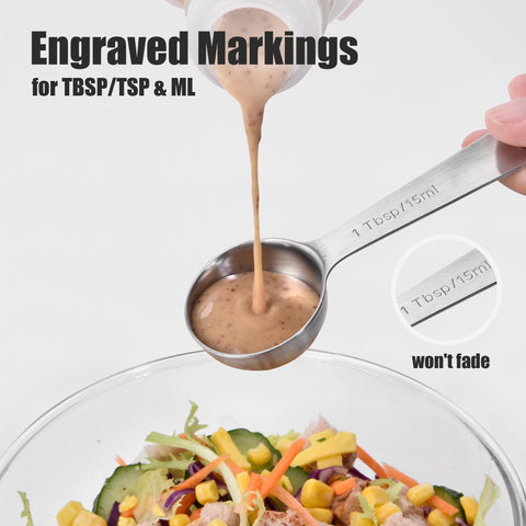 Deep bowls on Doosu spoons prevent spills when measuring liquids and powders.
