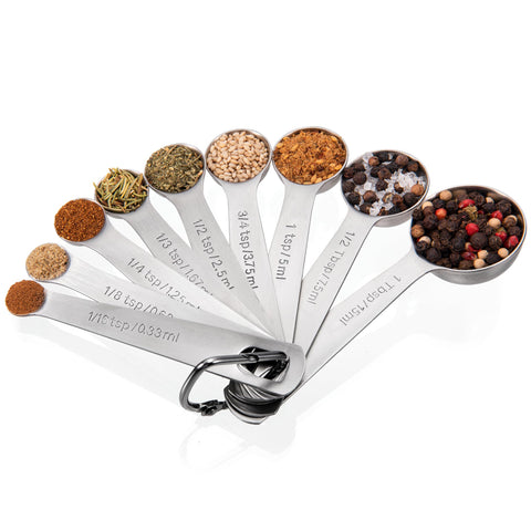 Doosu measuring spoons collection showing nine-piece set for precise measurements.