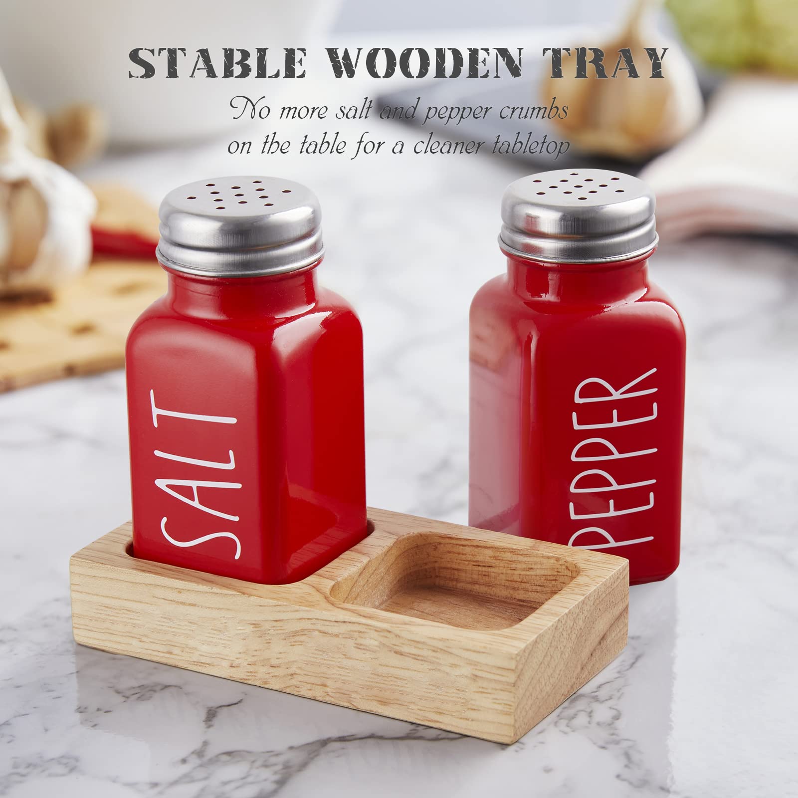 Dopeca red shakers in wood tray keeping kitchen counter organized.