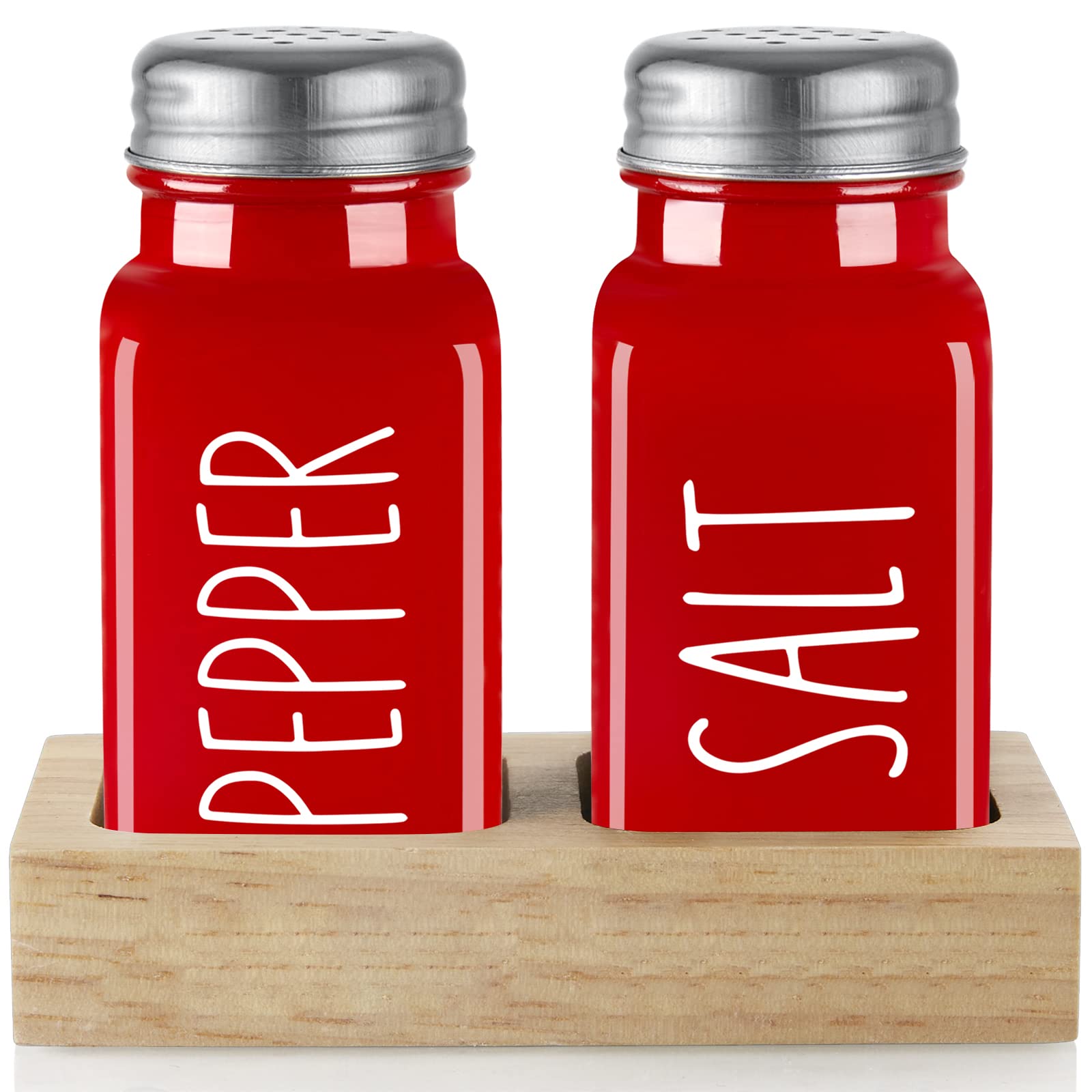 Dopeca red salt and pepper shakers with wood holder on kitchen counter for easy seasoning.