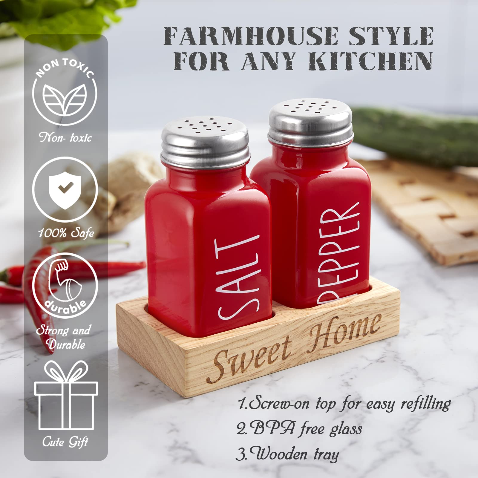 Dopeca glass shakers with red tops adding rustic charm to the dining table.