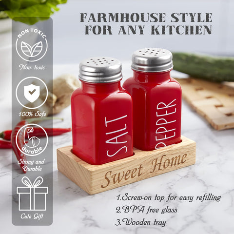 Dopeca glass shakers with red tops adding rustic charm to the dining table.