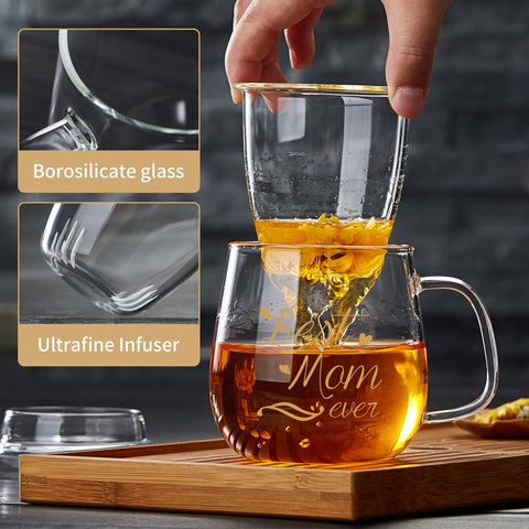 DOPUDO Best Mom Ever glass tea cup side view highlighting elegant form and grip.