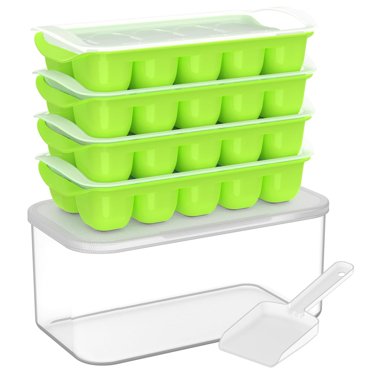 DOQAUS ice tray with lid and bin for organized freezer storage.