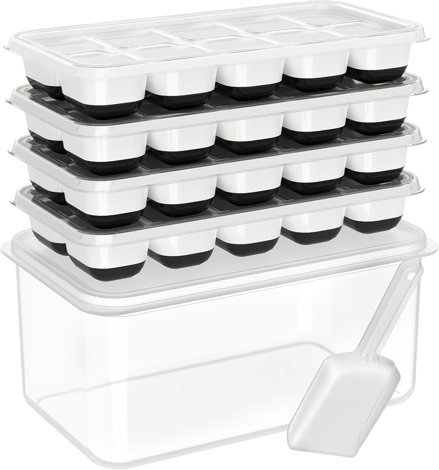 DOQAUS ice tray with lid and bin for organized freezer storage and easy ice access.