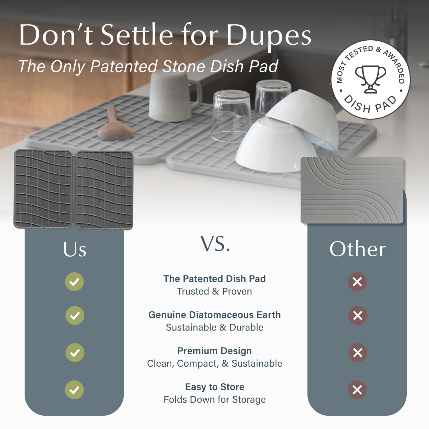 Dorai Home Dish Pad accommodates multiple dishes on the counter.