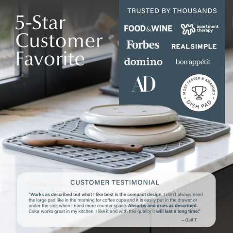 Dorai Dish Pad silicone edge protects delicate dishes during drying.