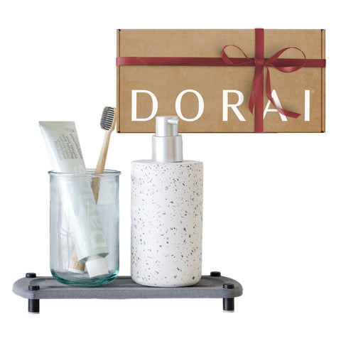 Dorai Home Sink Caddy on slate demonstrates quick-dry action for a drier countertop.