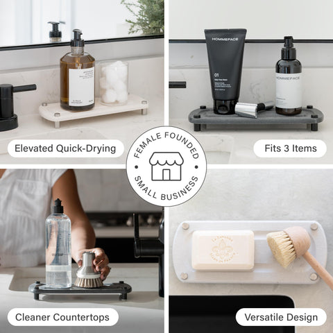 Dorai sink caddy with stainless steel feet elevates the tray for airflow and stability.