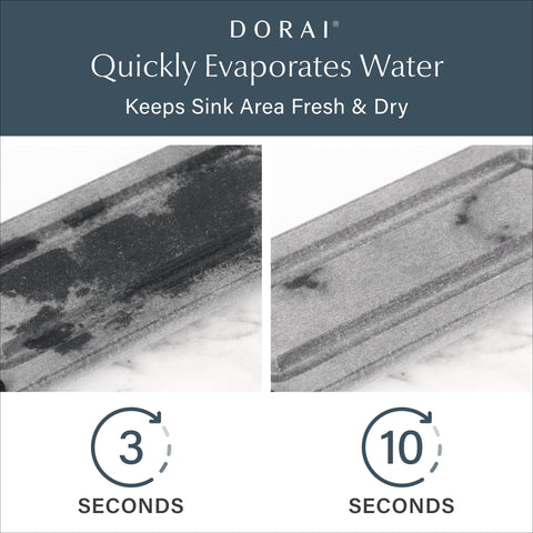Dorai stone sink tray close-up shows porous surface accelerating moisture evaporation.