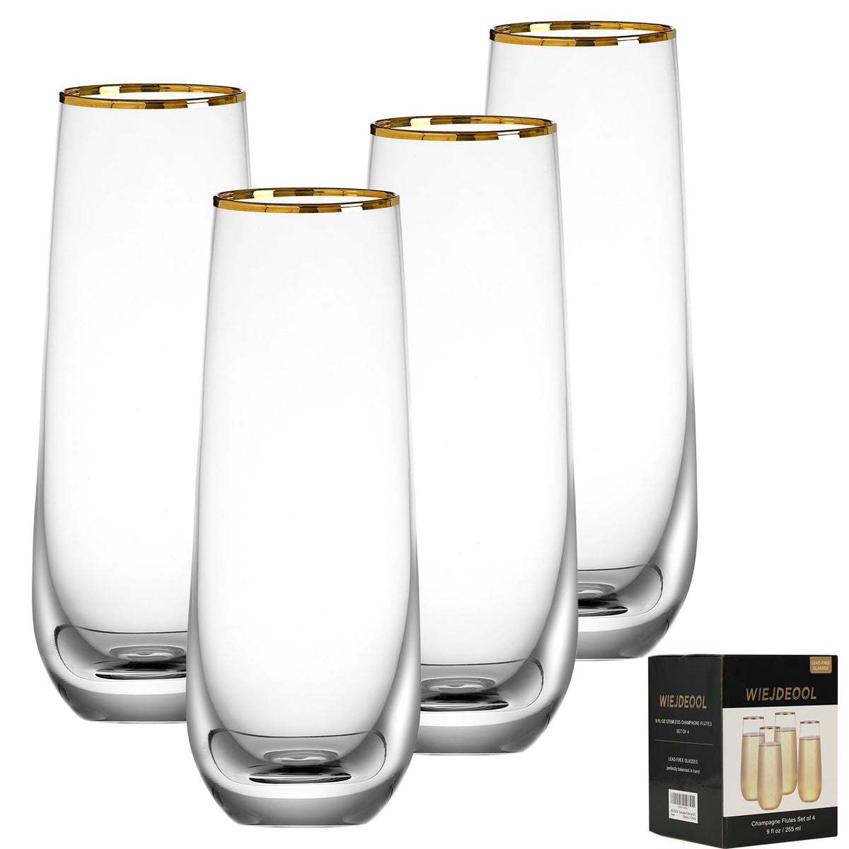 DORELINA stemless champagne flutes with gold rim for elegant toasts.