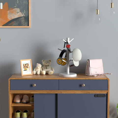 Dorhors coffee bar mug tree white finish fits on countertop for easy mug reach.