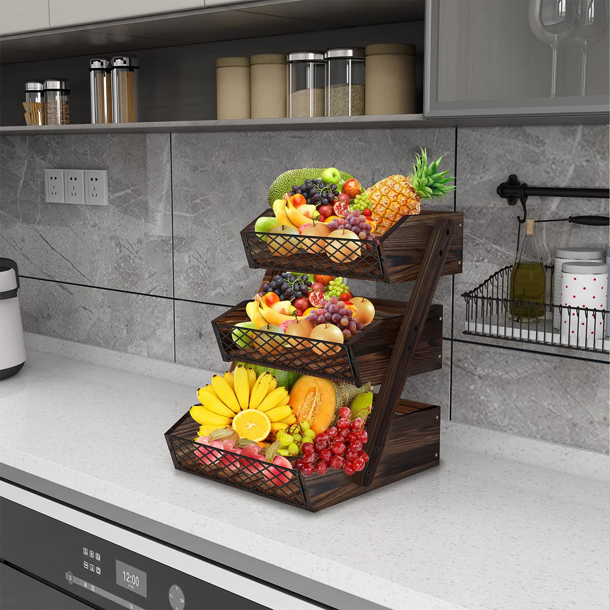 Dorhors rustic wood and metal rack decorates the kitchen while storing fruit.