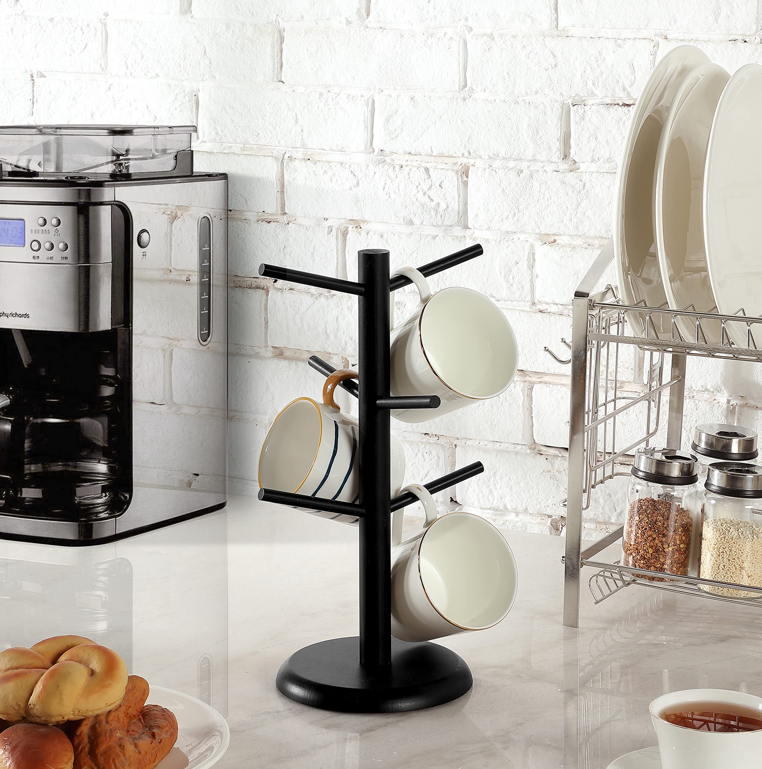 Dorhors wooden cup holder displays six mugs neatly on the counter.