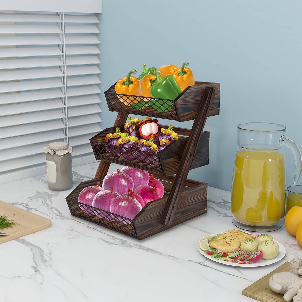 Dorhors wooden-grid fruit stand with mesh design promotes airflow to keep produce fresh.