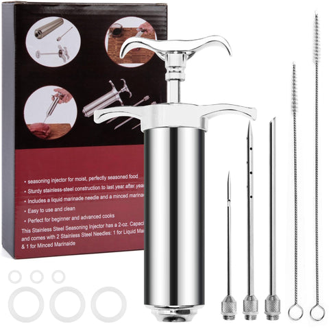 Dormercy meat injector kit barrel close-up for even marinade distribution.