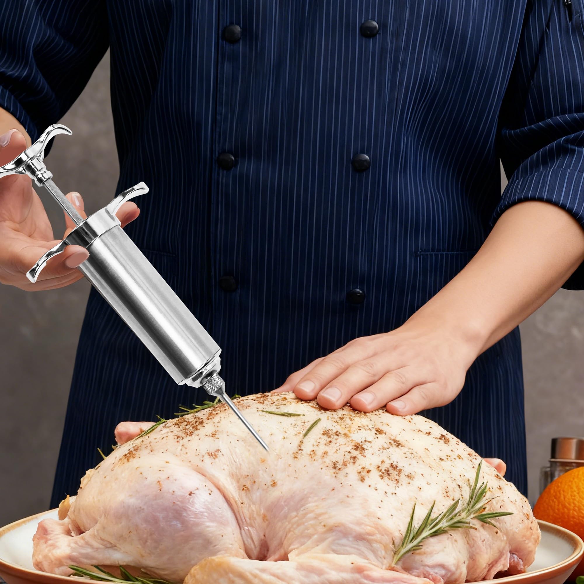 Dormercy chicken marinade application using the flavor syringe.