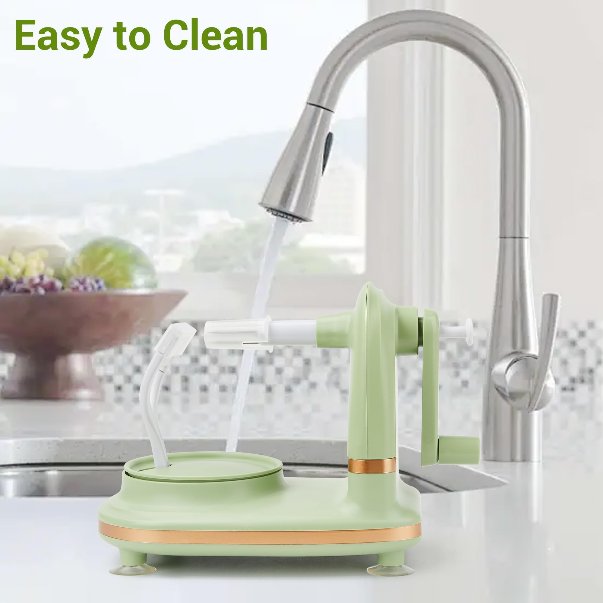 Dormercy pelador de manzanas, almacenamiento compacto, ideal para cocinas pequeñas.