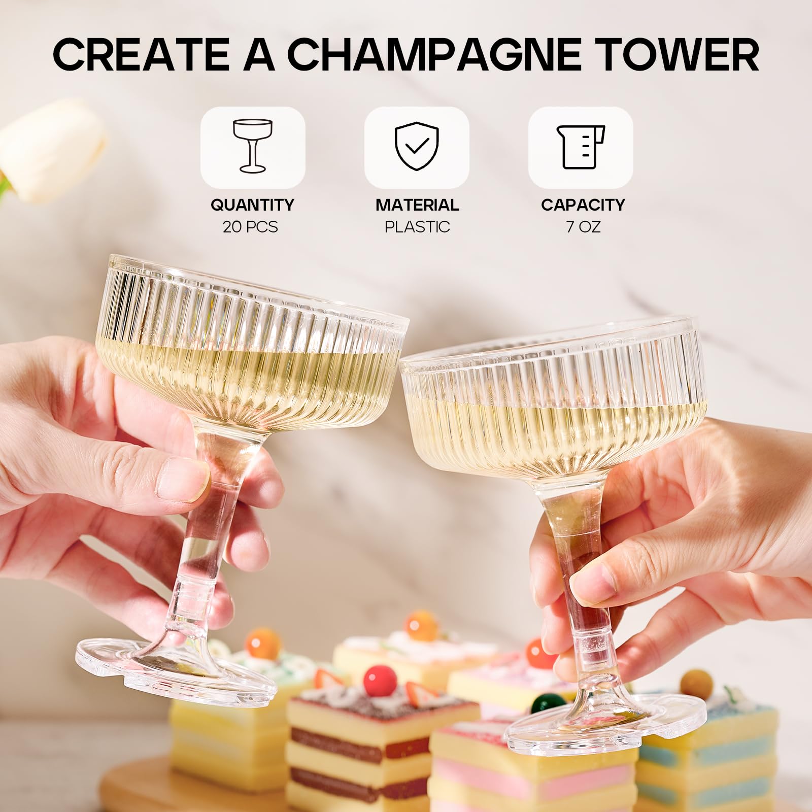 DORONAN 7oz plastic champagne coupe close up with smooth rim design