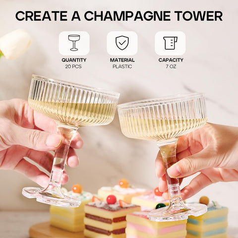 DORONAN 7oz plastic champagne coupe close up with smooth rim design