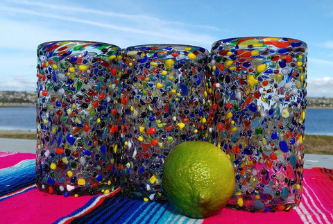 Dos Sueños 14 oz glass, eco-friendly recycled glass, dishwasher safe for everyday use.