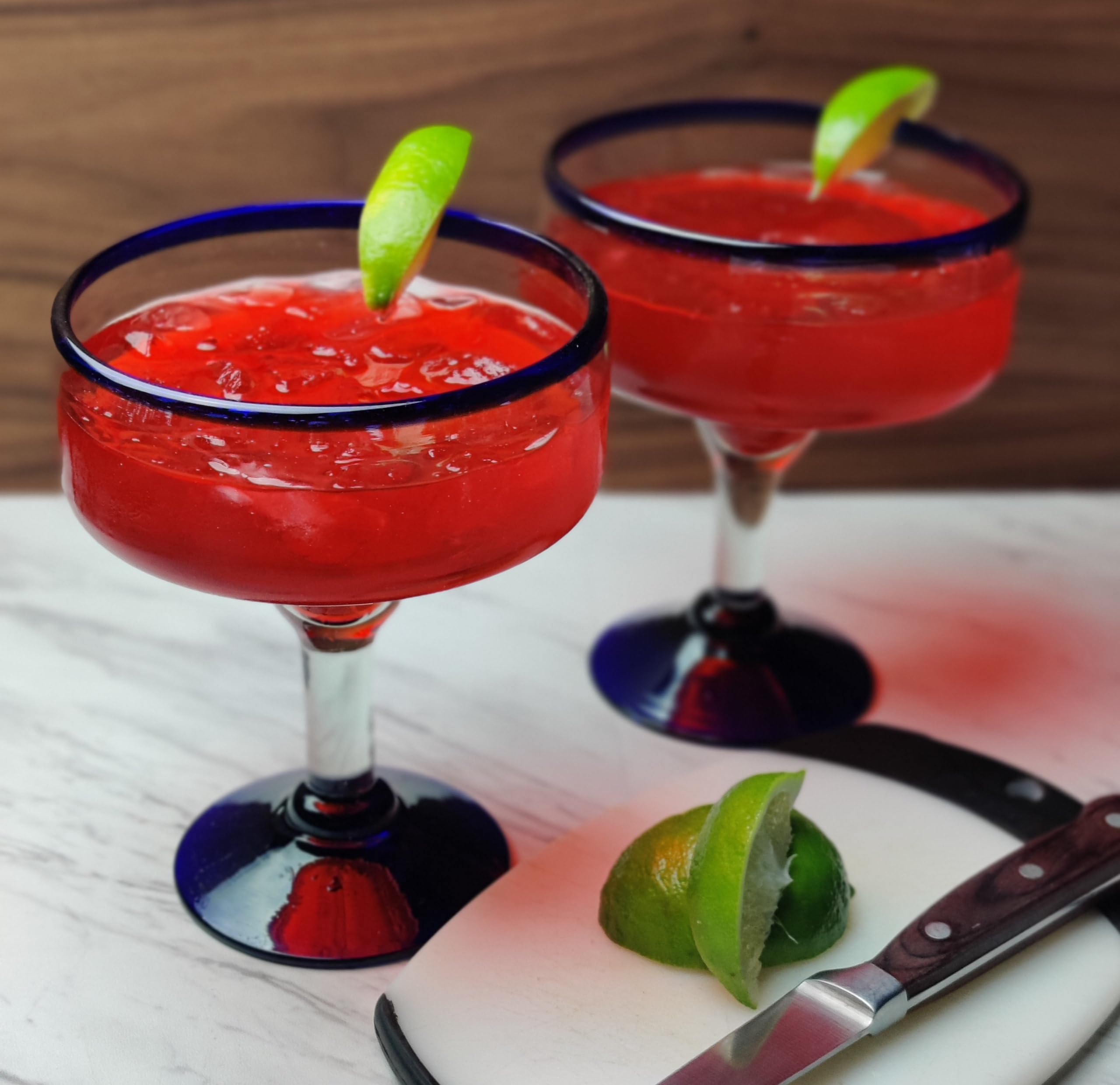 Dos Sueños seven-inch tall margarita glass with 14oz capacity
