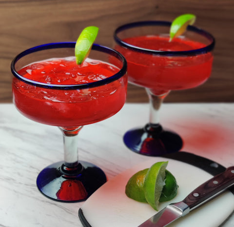 Dos Sueños seven-inch tall margarita glass with 14oz capacity