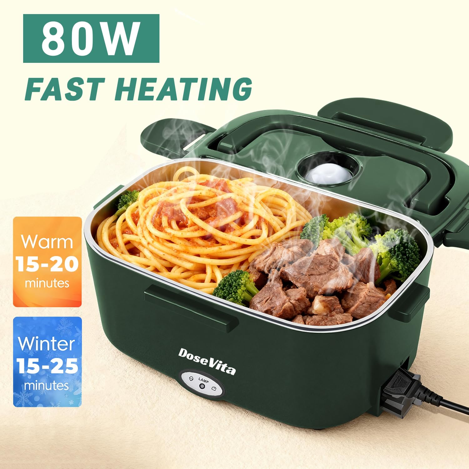 Dosevita lunch box 3-in-1 power options for car or home use.
