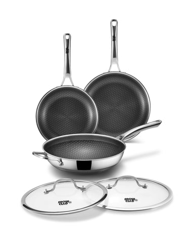 DOTCLAD hybrid stainless wok with lid, dual surface for versatile cooking.